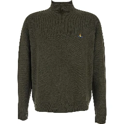 Green Crew Neck Sweater with Orb Logo Embroidered on the Front in Wool Blend Man