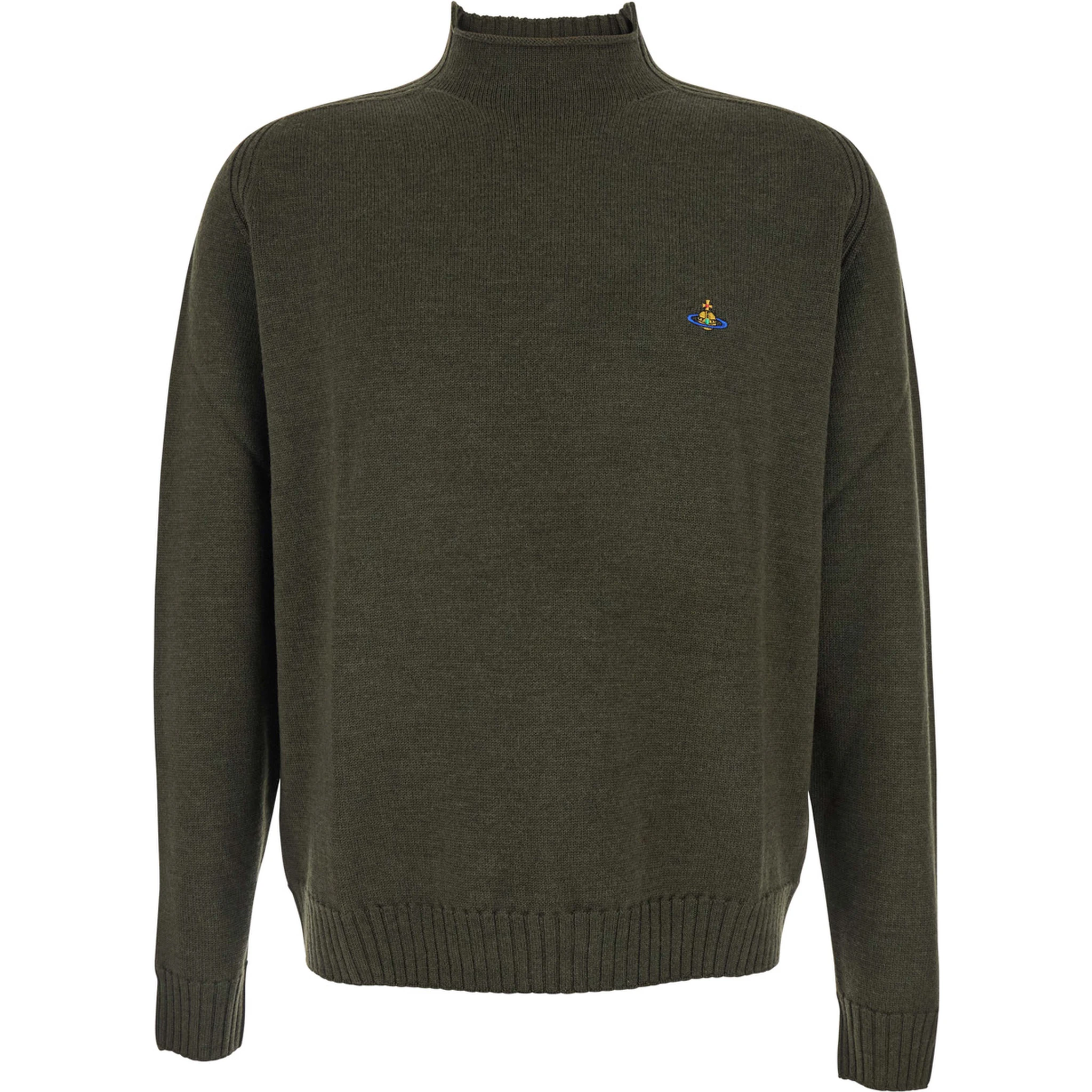 Green Crew Neck Sweater with Orb Logo Embroidered on the Front in Wool Blend Man