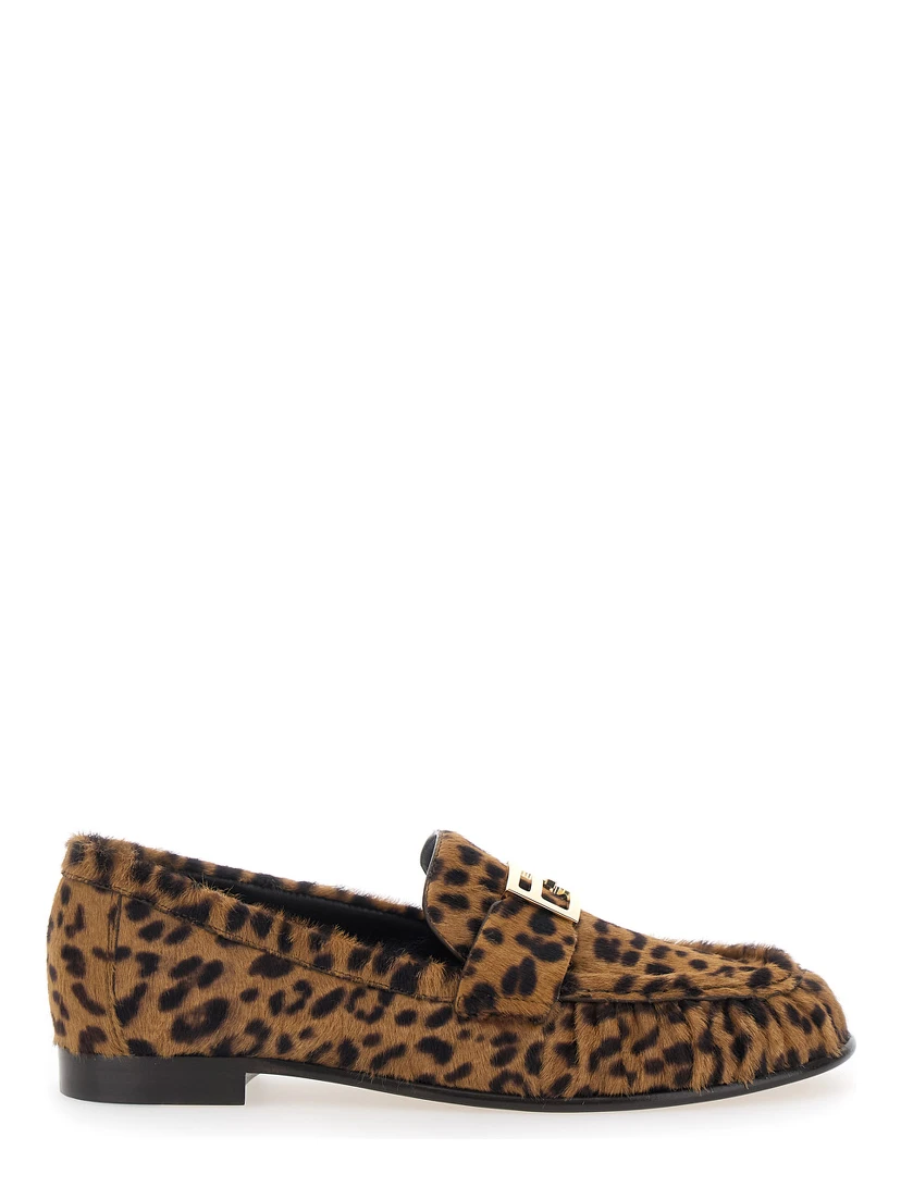 Brown Loafers with FF Plaque and Leopard Motif in Brushed Leather Woman