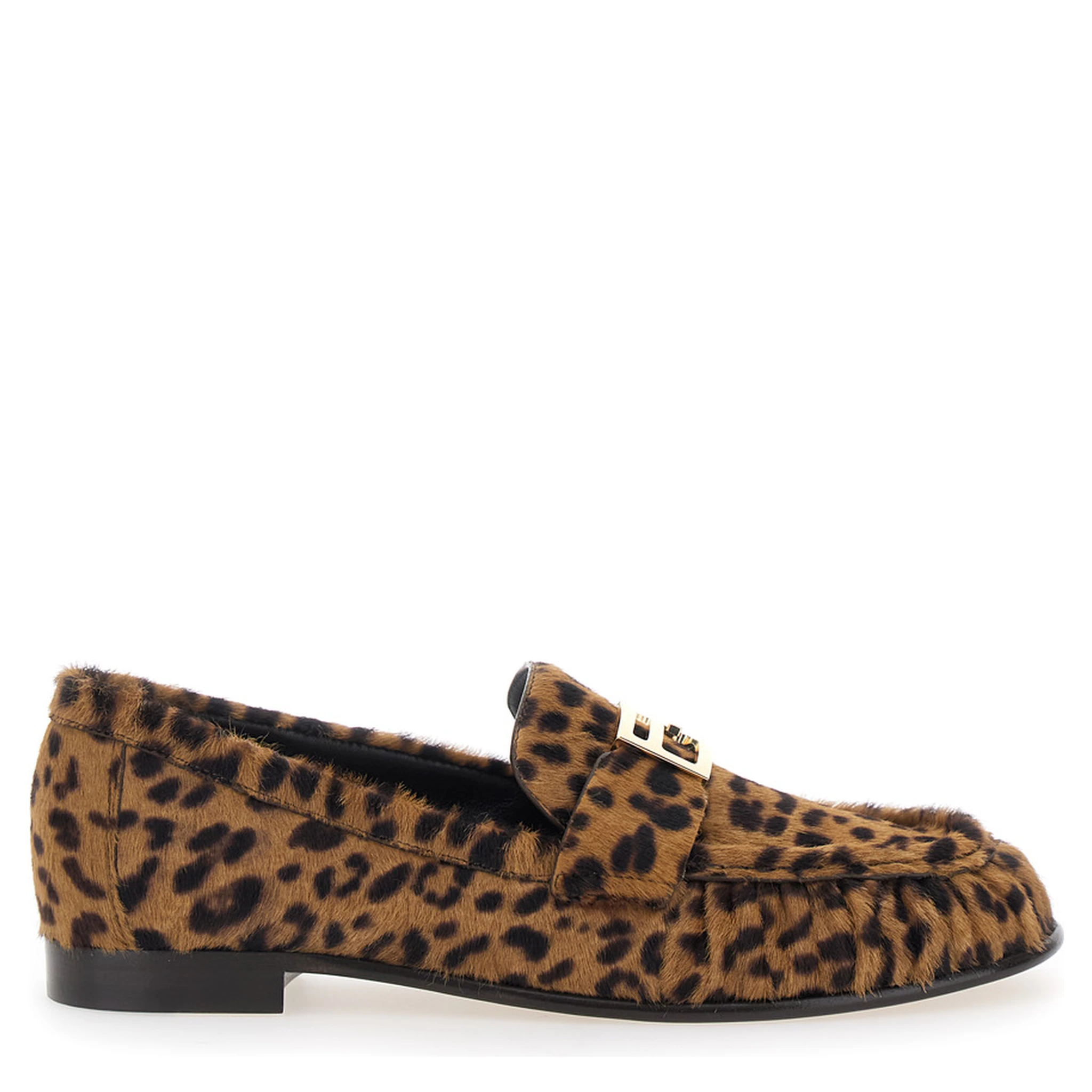 Brown Loafers with FF Plaque and Leopard Motif in Brushed Leather Woman