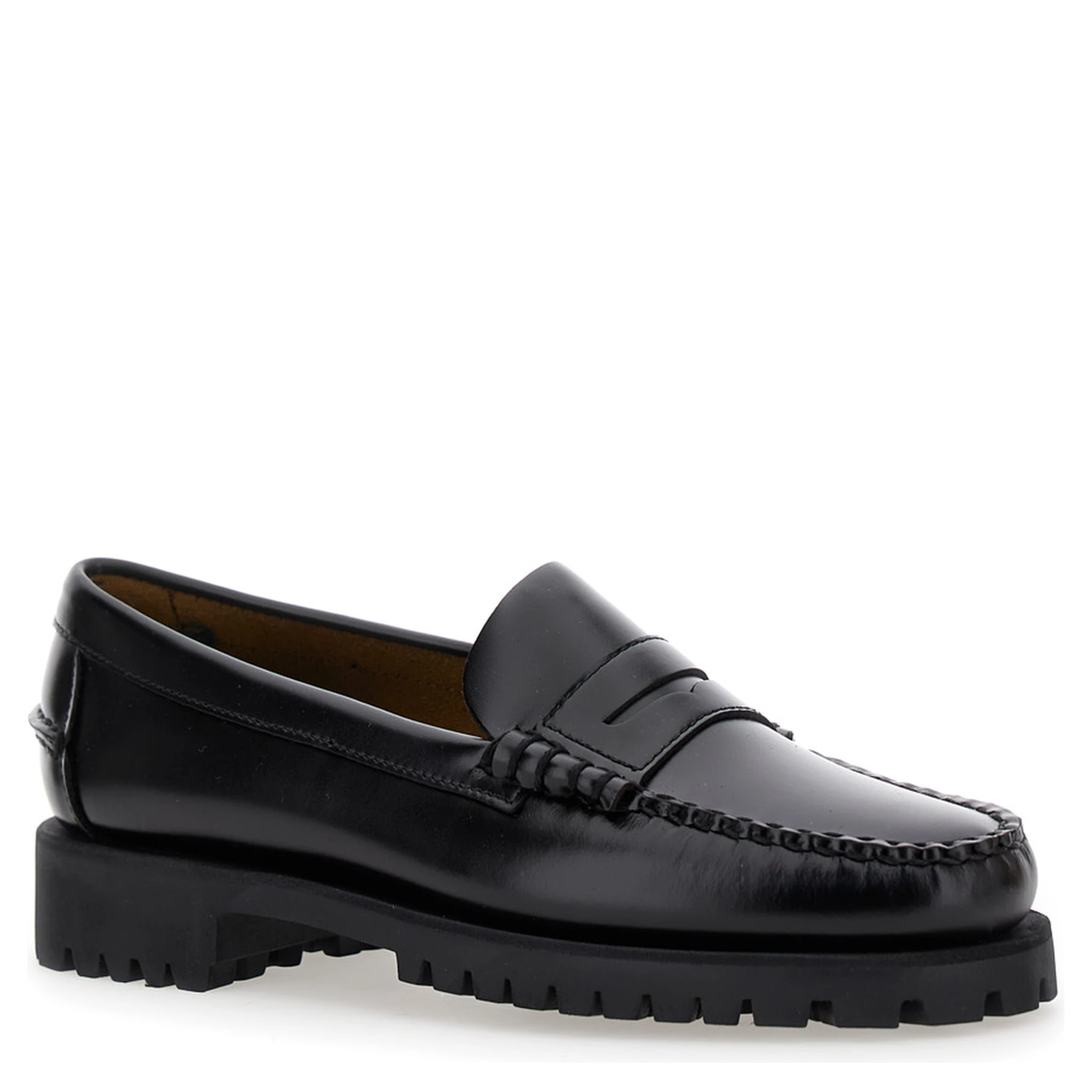 Black Slip-On Loafers with Lug Sole in Leather Woman
