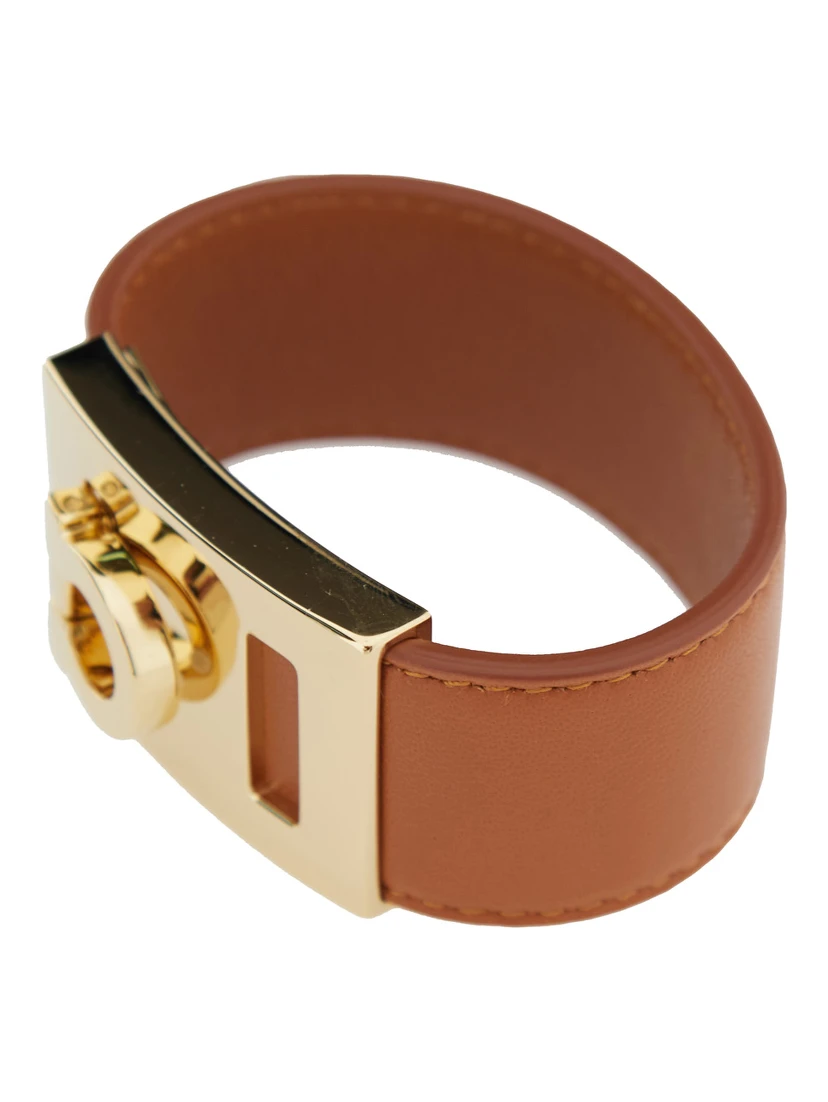 Hug Brown Bracelet with Gancini Detail in Smooth Leather Woman