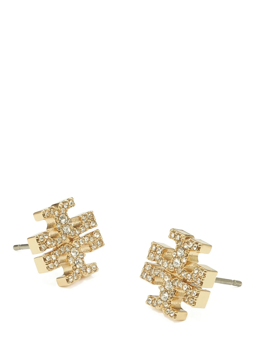 Kira Metallic Earings with Double T Motif and Crystal Embellishments in Gold Plated Brass Woman