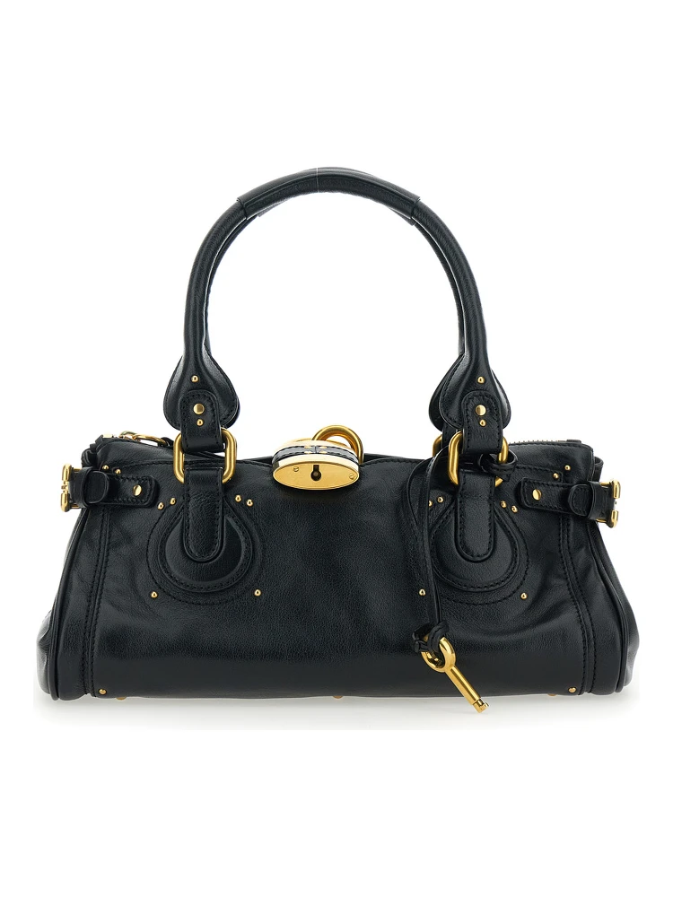 Paddington Black Shoulder Bag with Oversized Padlock and C-Shaped Buckles in Grainy Leather Woman