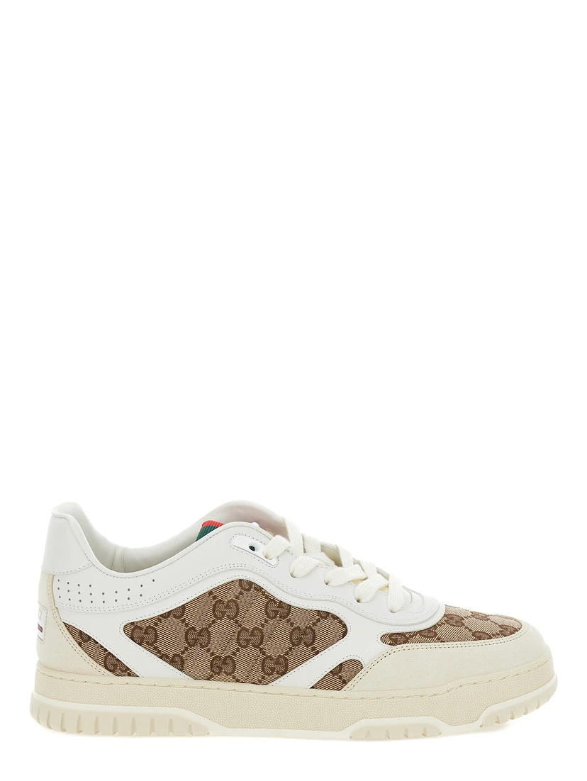 Re-Web Beige and Ebony Low Top Sneakers with Gucci Lettering in Leather and Original GG Fabric Man