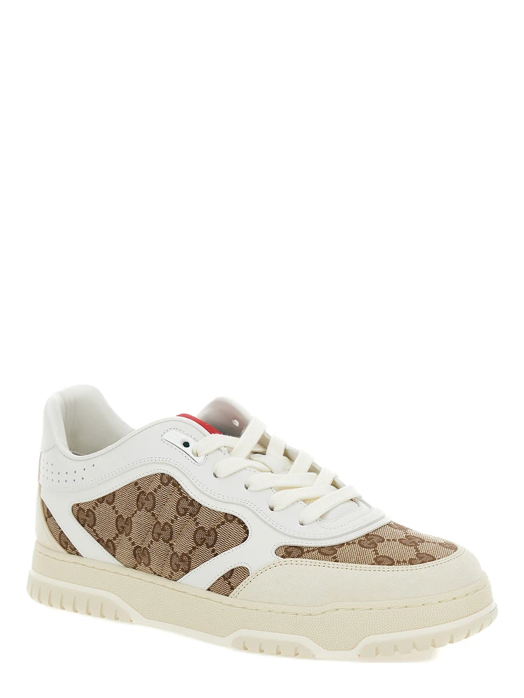 Re-Web Beige and Ebony Low Top Sneakers with Gucci Lettering in Leather and Original GG Fabric Man alternative