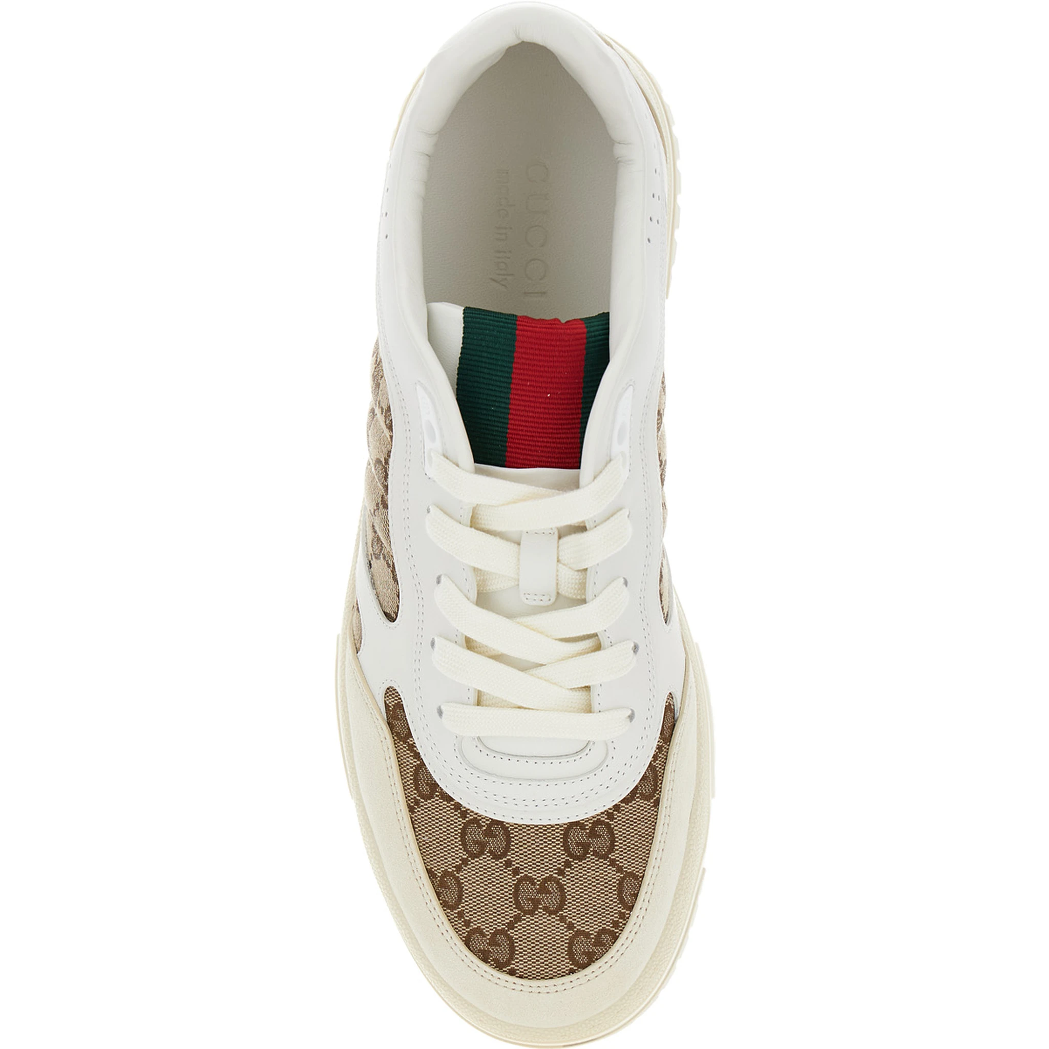 Re-Web Beige and Ebony Low Top Sneakers with Gucci Lettering in Leather and Original GG Fabric Man