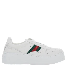 White Sneakers with Web Detail and Oversized Sole in Leather Woman