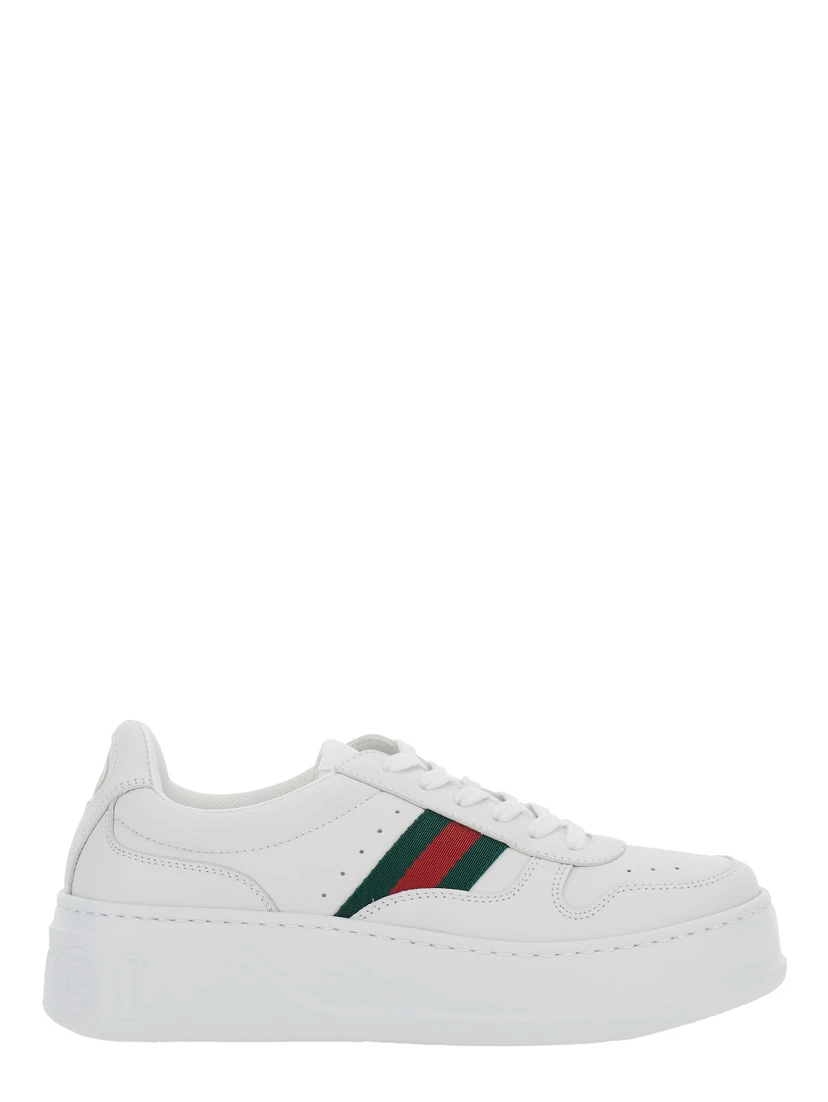 White Sneakers with Web Detail and Oversized Sole in Leather Woman