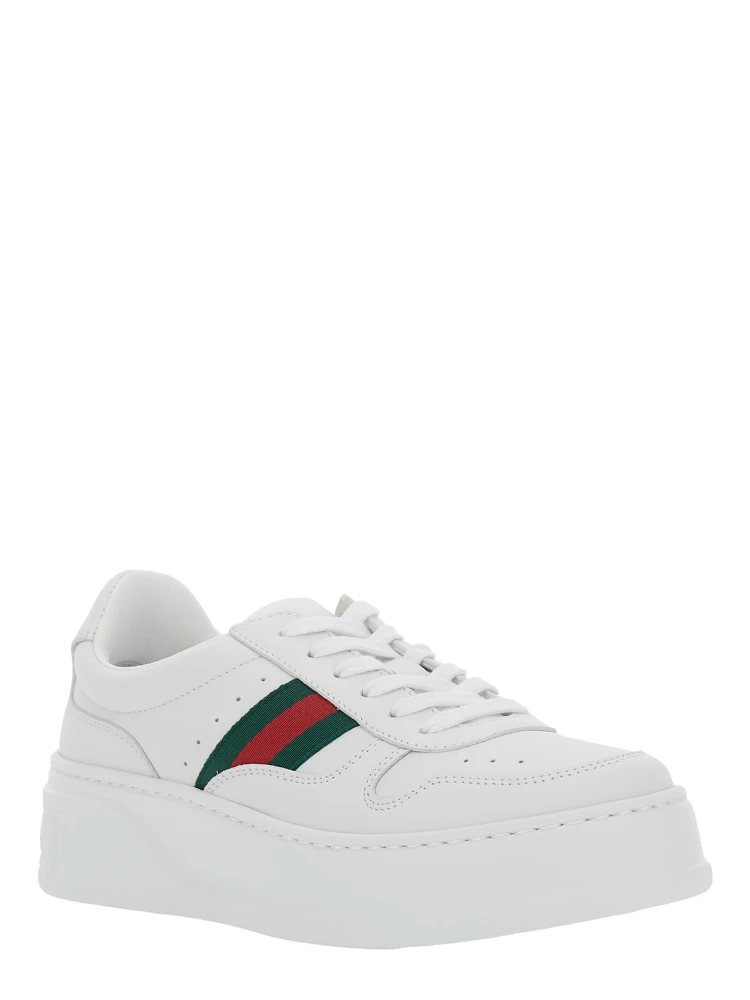 White Sneakers with Web Detail and Oversized Sole in Leather Woman alternative