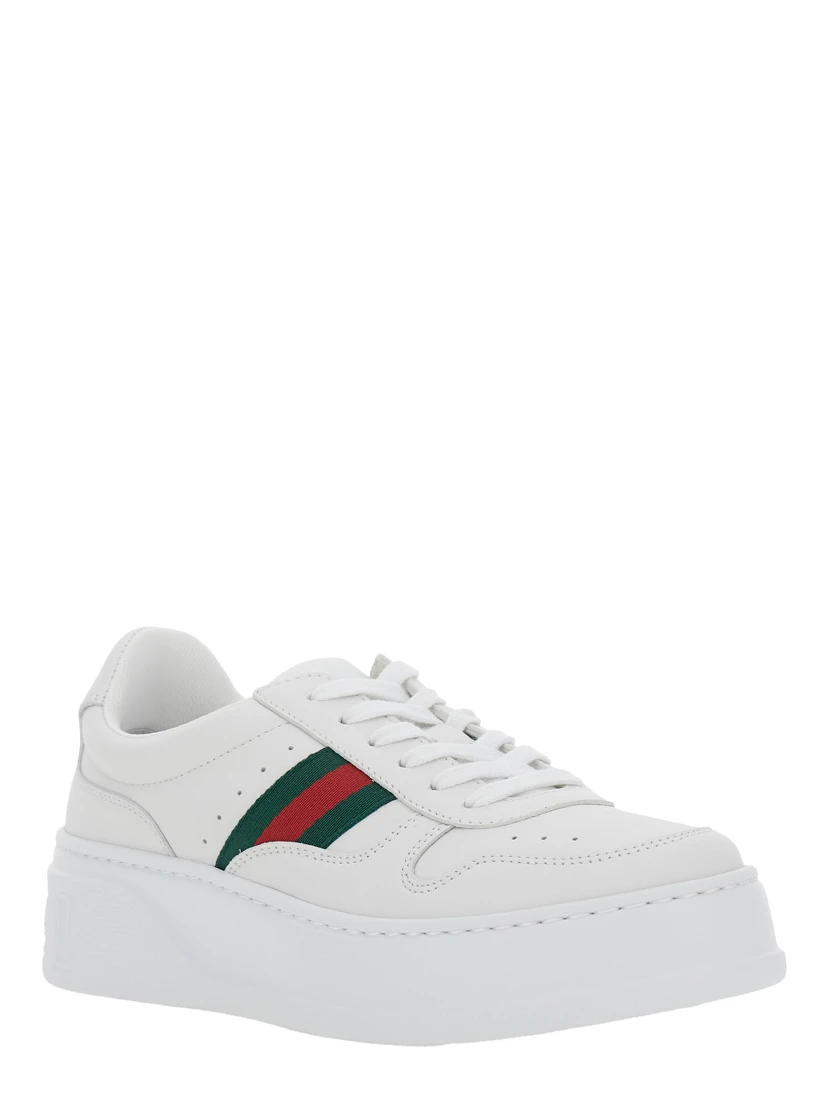 White Sneakers with Web Detail and Oversized Sole in Leather Woman