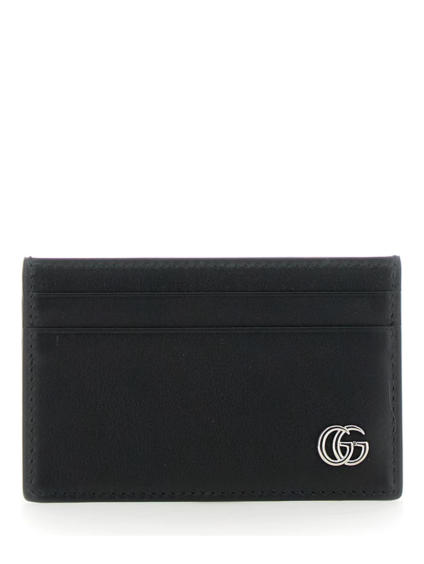 Black Card Holder with Double G Plaque on the Front in Leather Man