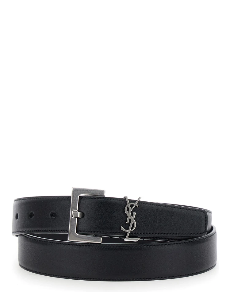 Black Belt with Square Buckle and Cassandre Plaque in Leather Woman