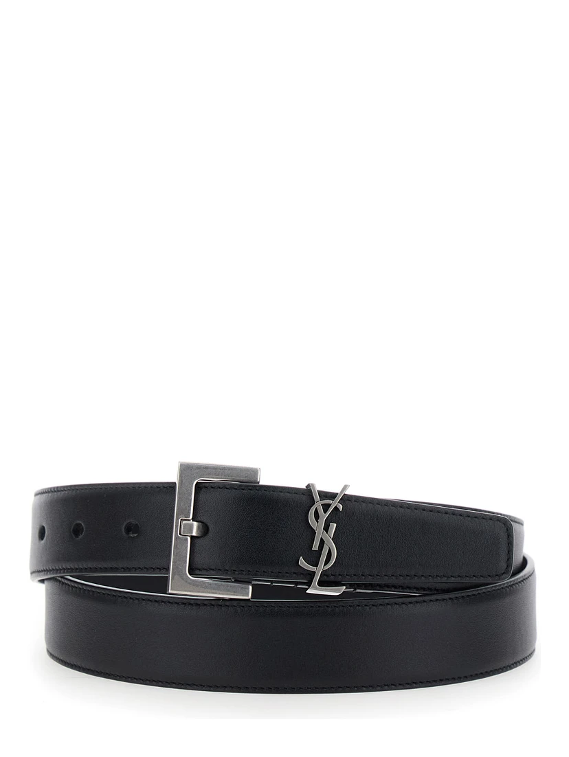 Black Belt with Square Buckle and Cassandre Plaque in Leather Woman