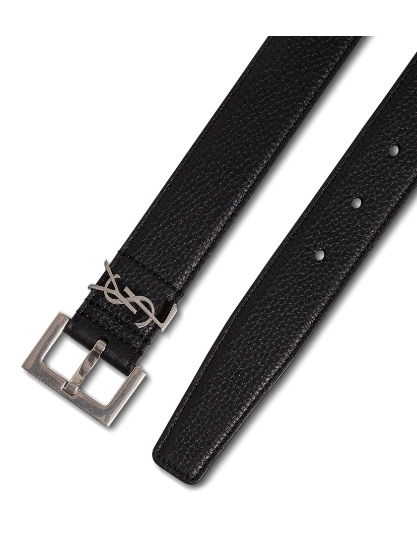 Black Leather Belt with Logo Buckle Saint Laurent Man