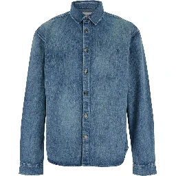 Blue Shirt with Classic Collar and Cassandre Embroidery on the Front in Denim Man