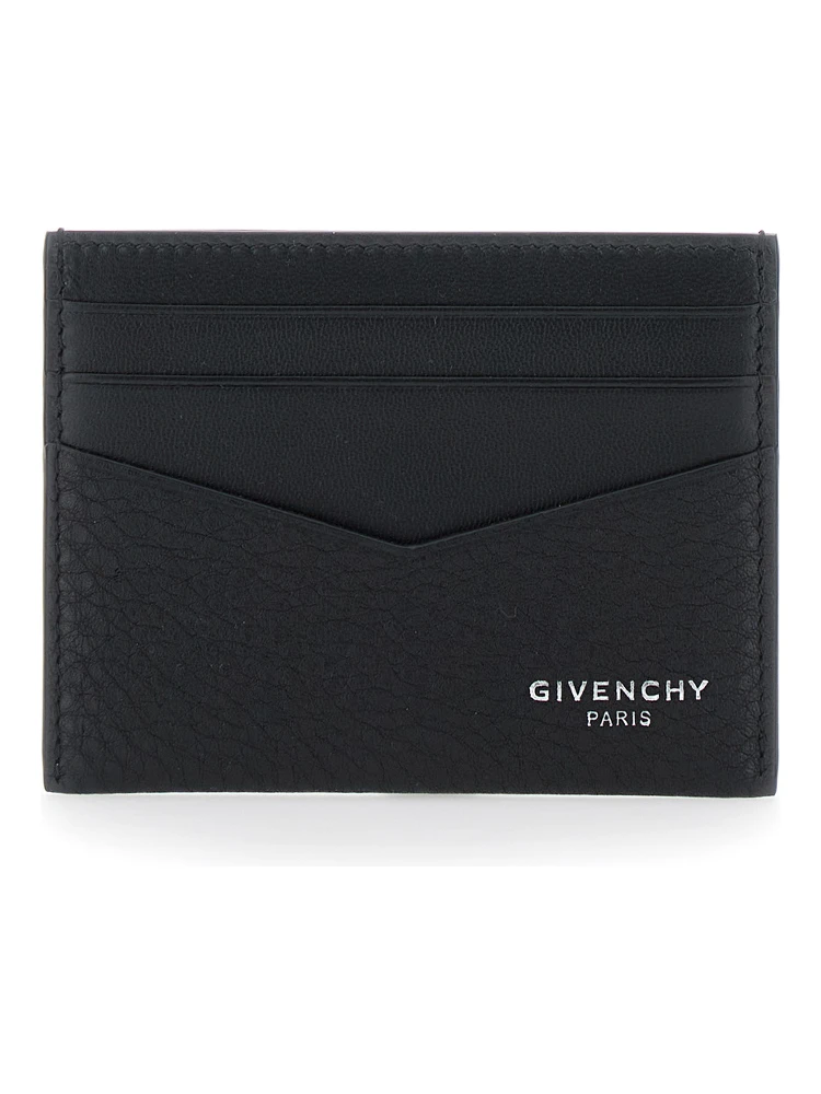 Black Card Holder with V Detail and Logo Lettering on the Front in Leather Man
