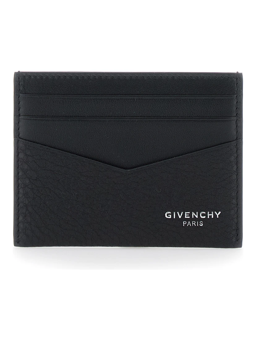 Black Card Holder with V Detail and Logo Lettering on the Front in Leather Man
