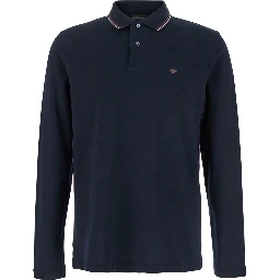 Blue Long Sleeve Polo Shirt with Logo Embroidery in Stretch Cotton Man