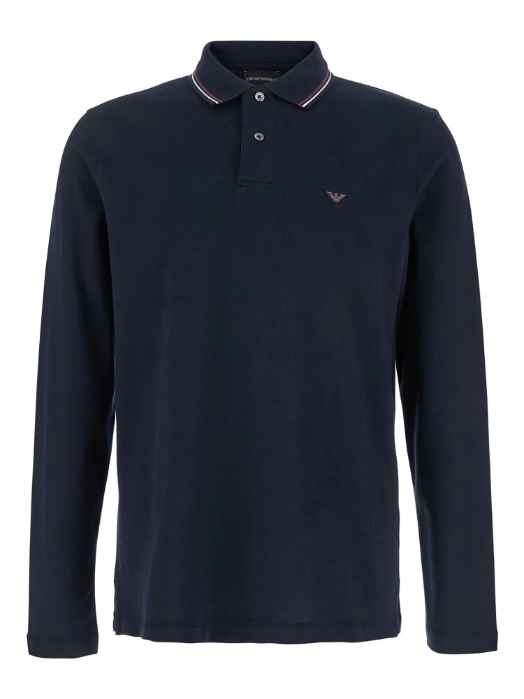 Blue Long Sleeve Polo Shirt with Logo Embroidery in Stretch Cotton Man