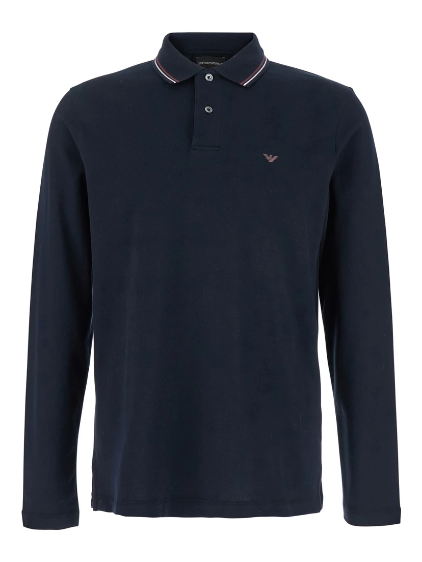 Blue Long Sleeve Polo Shirt with Logo Embroidery in Stretch Cotton Man