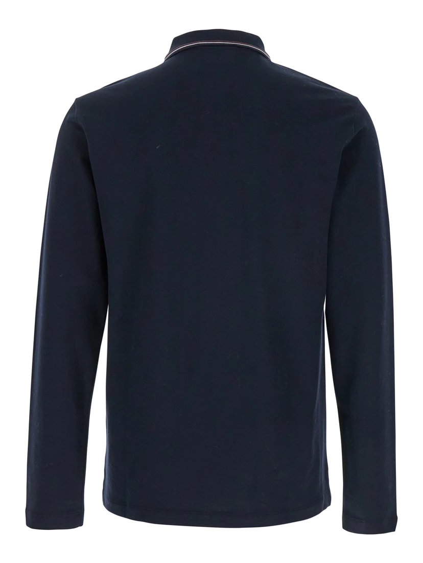 Blue Long Sleeve Polo Shirt with Logo Embroidery in Stretch Cotton Man