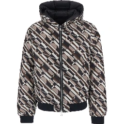 Black Reversible Down Jacket with Hood and Logo Patch on the Front in Tech Fabric Man