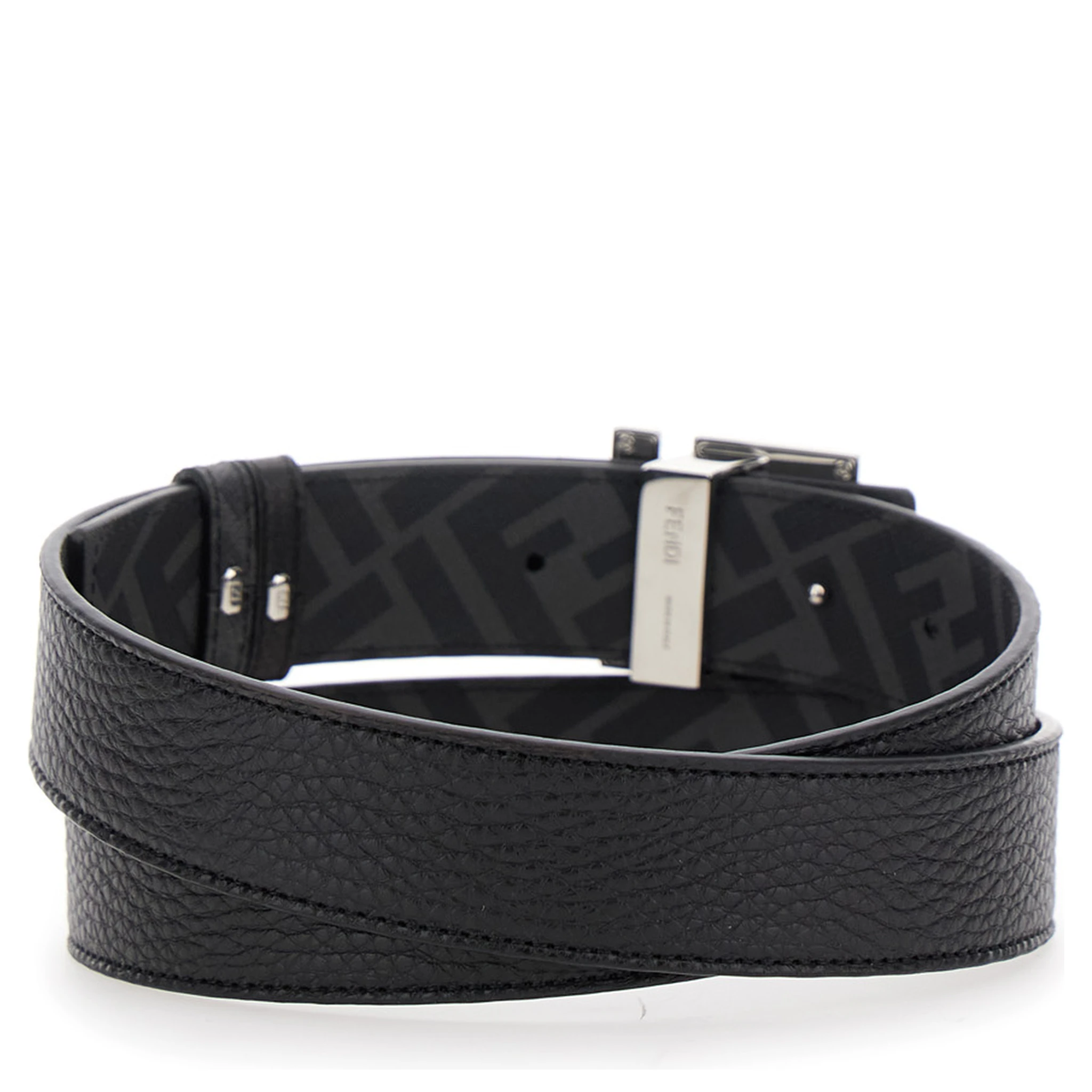 Black Belt with Metallic FF Logo Plate on the Front and FF Interior Motif in Hammered Leather Man