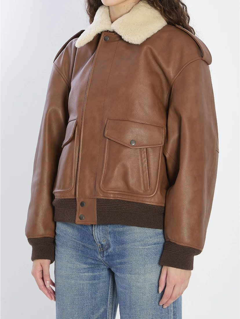 Bomber jacket in hammered leather and shearling
