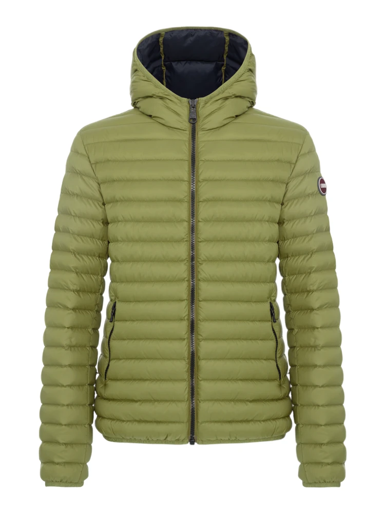 hooded horizontal-quilted down jacket