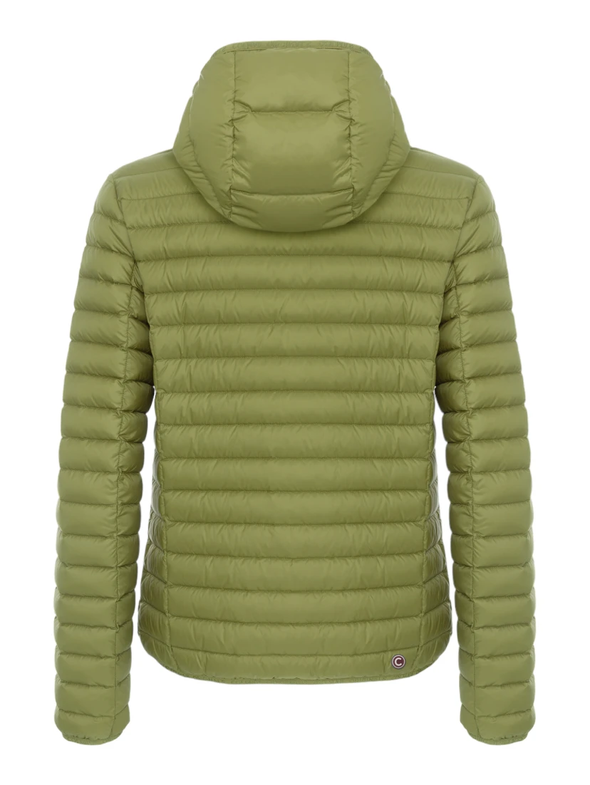 hooded horizontal-quilted down jacket