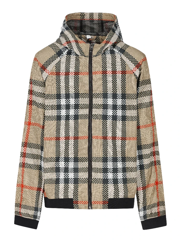 check-pattern zip-up hooded jacket