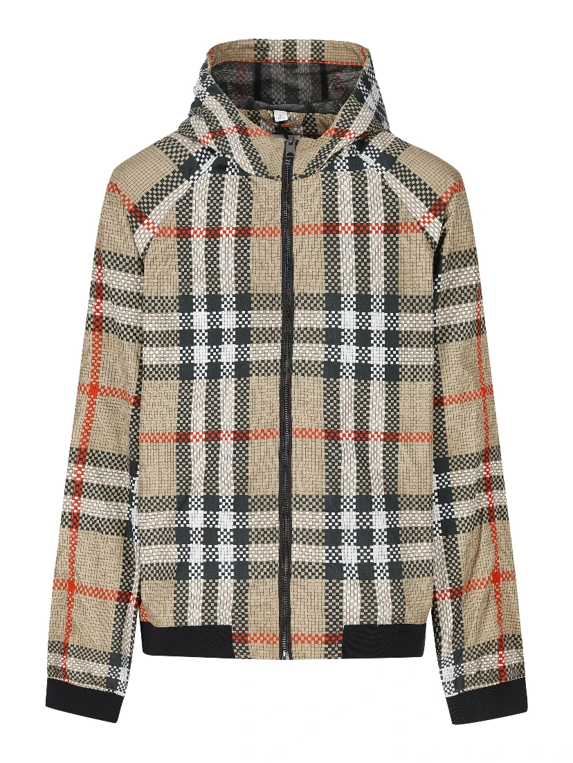 check-pattern zip-up hooded jacket