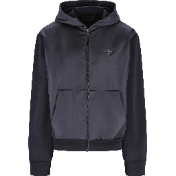 Drawstring-hood zip-up jacket