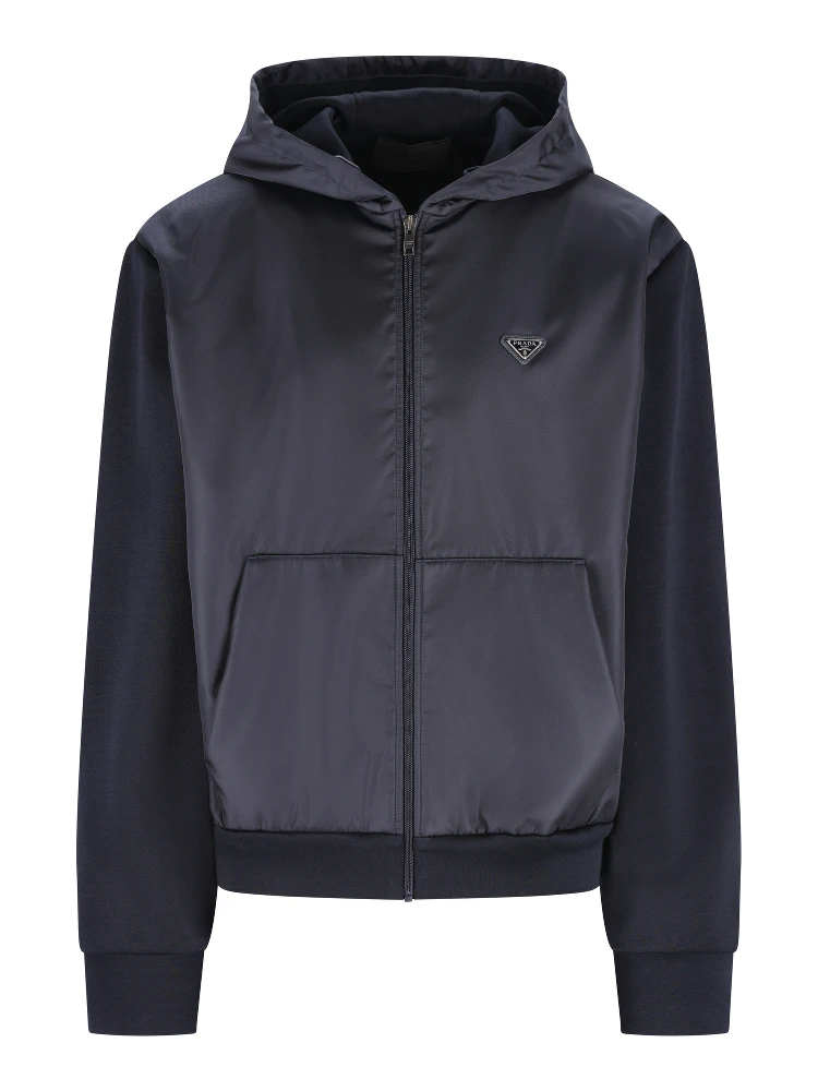 Drawstring-hood zip-up jacket