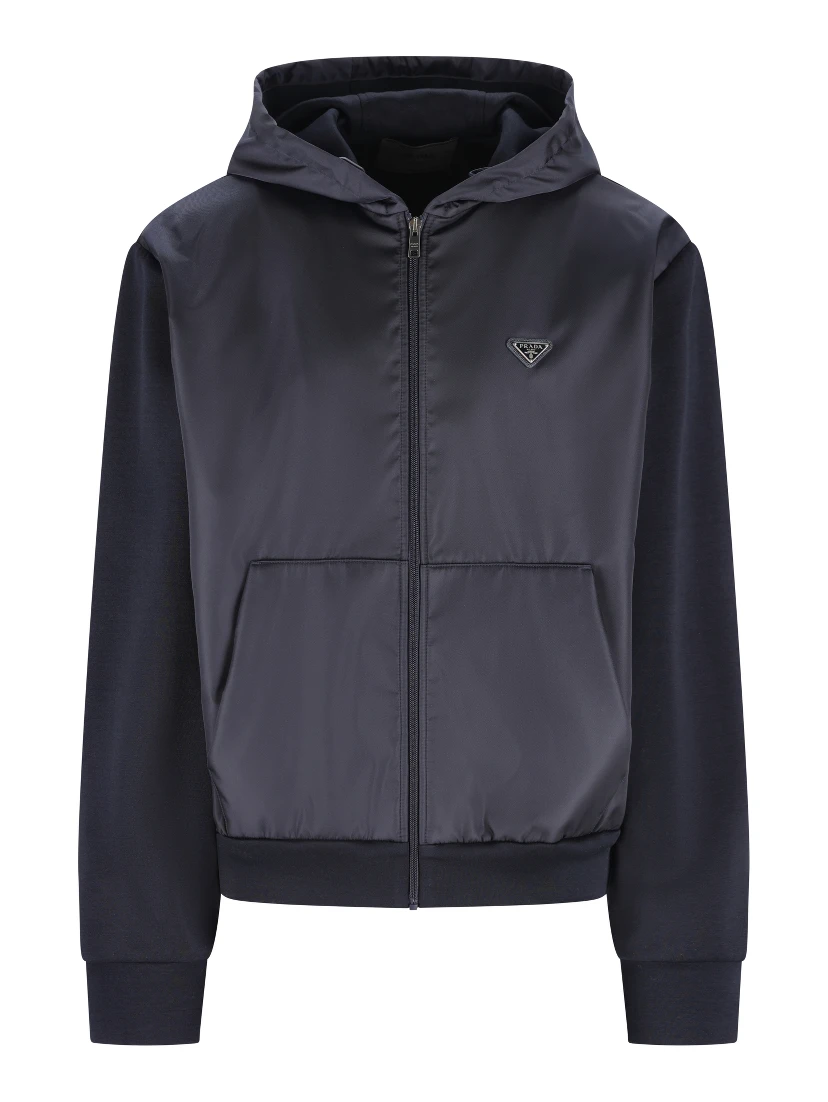 Drawstring-hood zip-up jacket