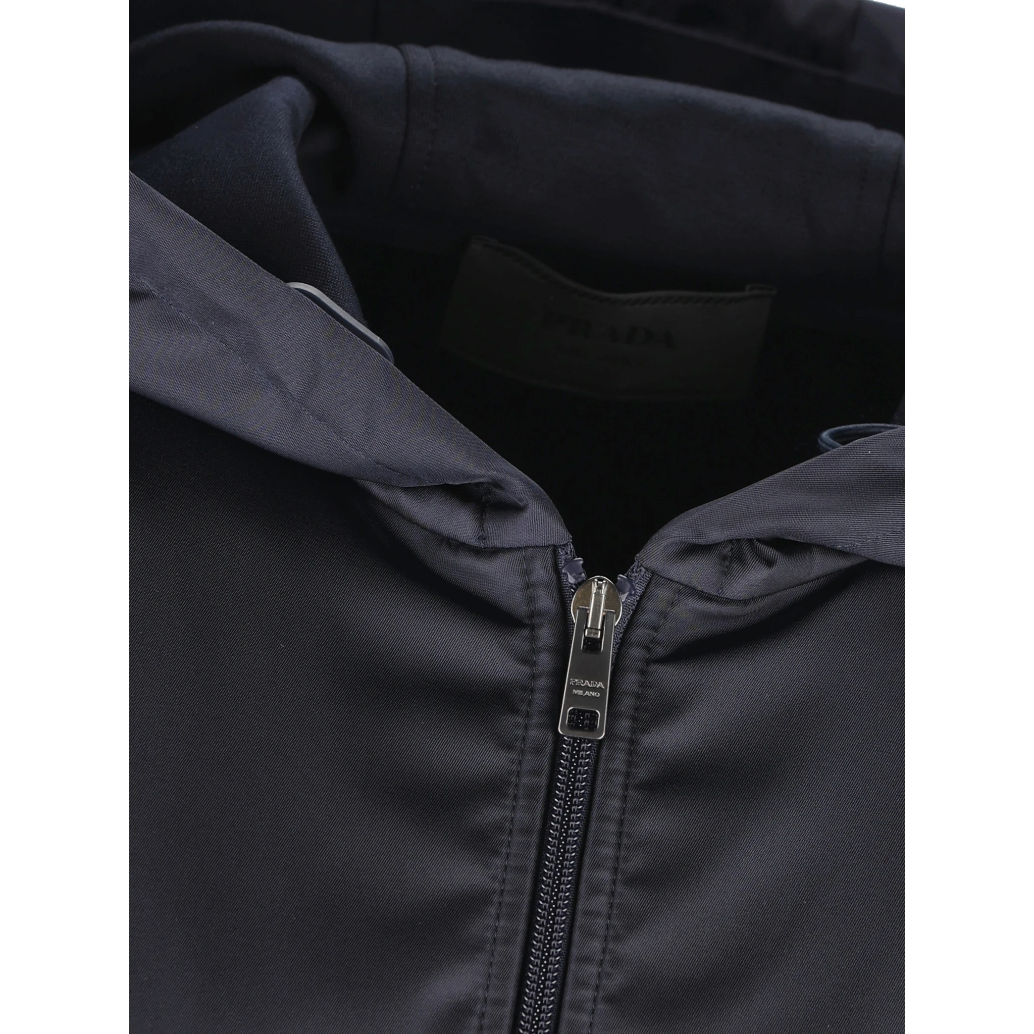 Drawstring-hood zip-up jacket