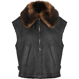 Fur-collar logo leather gilet