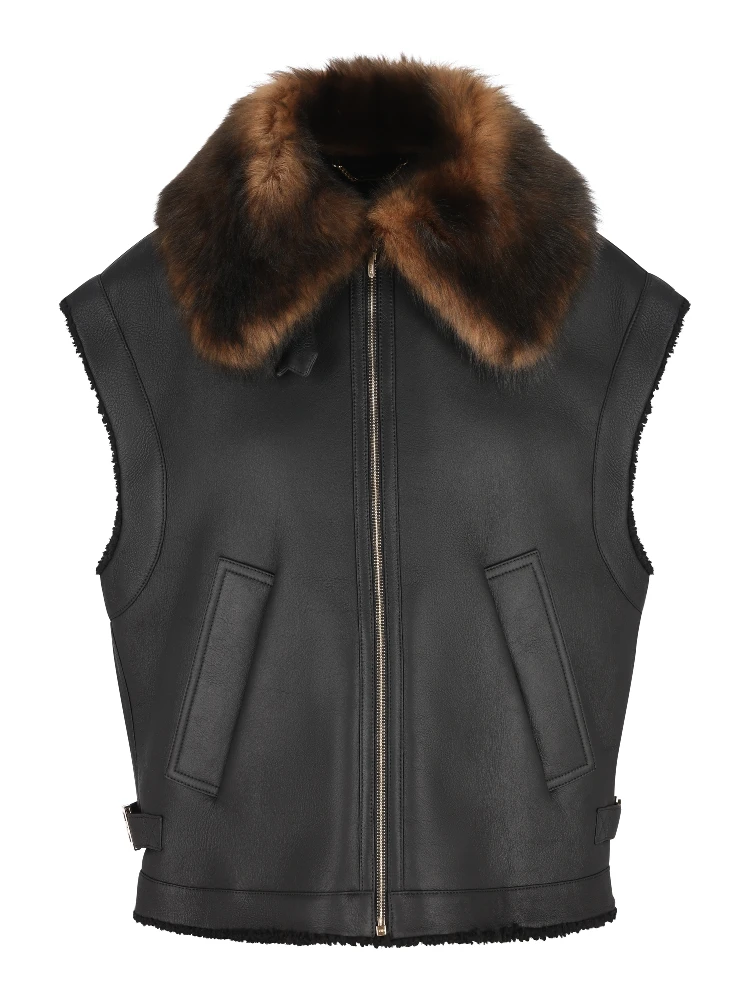 Fur-collar logo leather gilet
