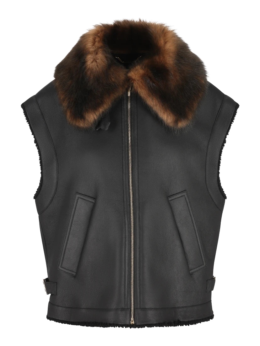 Fur-collar logo leather gilet