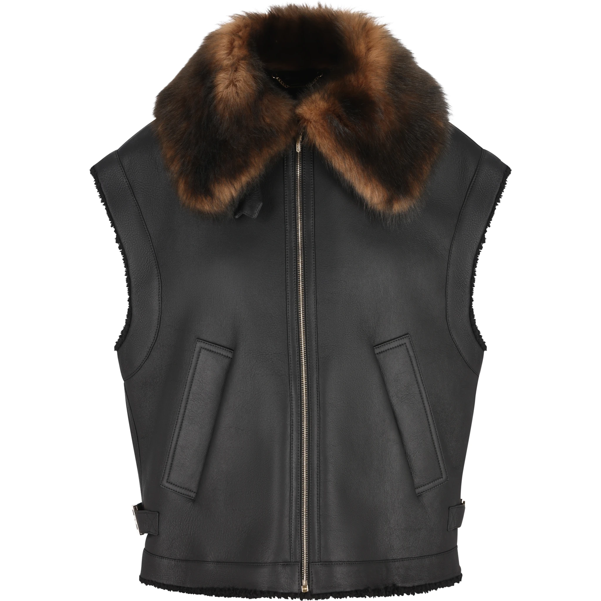 Fur-collar logo leather gilet