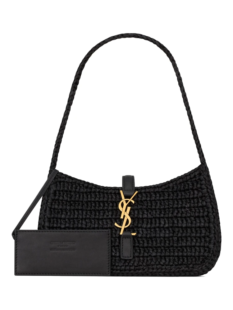 Le 5 à 7 shoulder bag in black raffia and leather alternative
