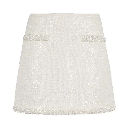 Cream Boucle Pearl Trim Mini Skirt In White