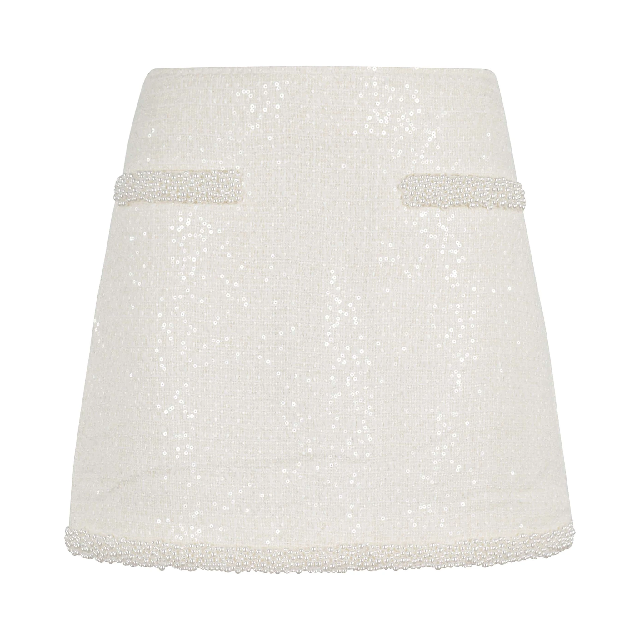 Cream Boucle Pearl Trim Mini Skirt In White
