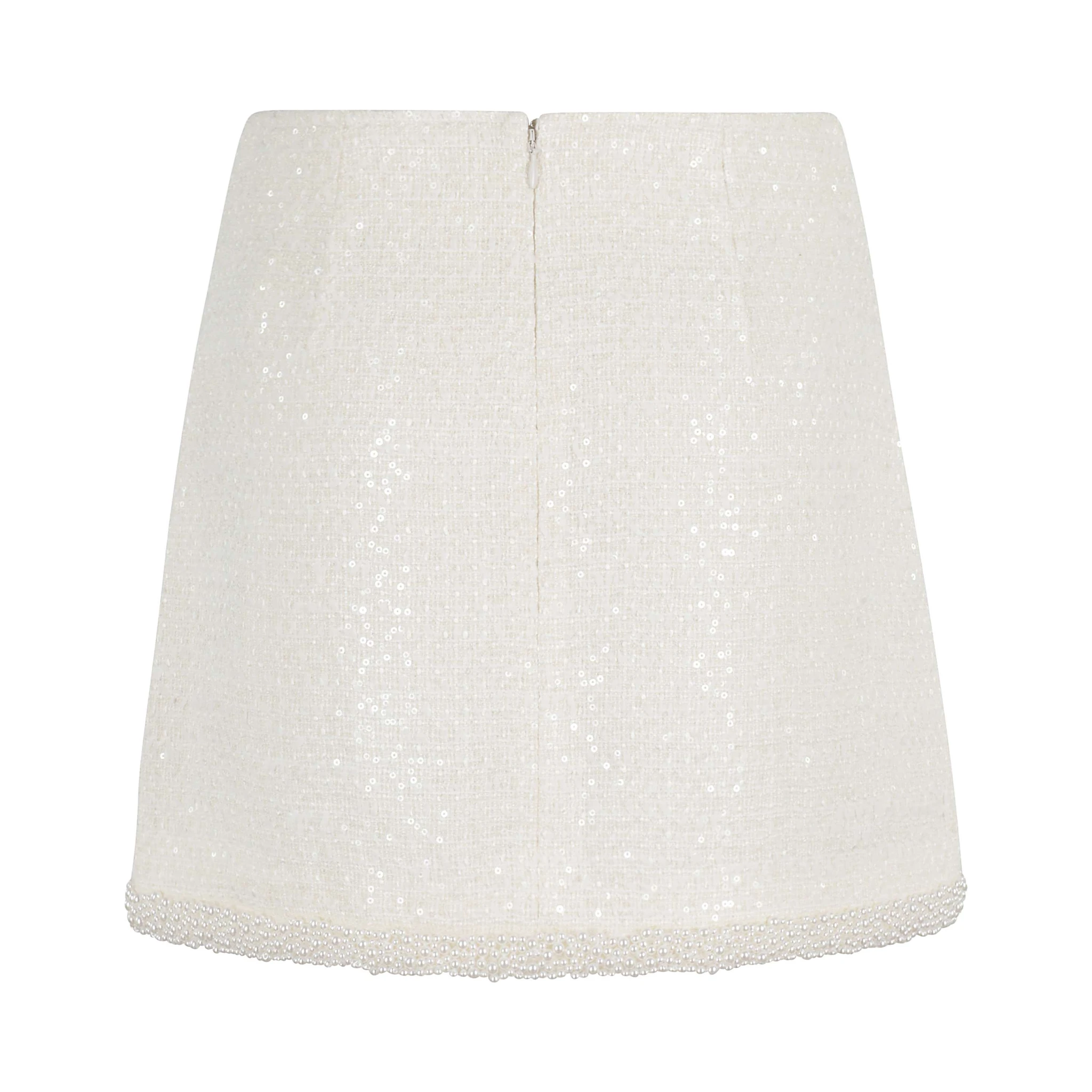 Cream Boucle Pearl Trim Mini Skirt In White