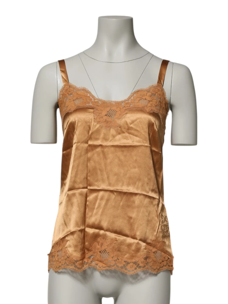 Brown Floral Lace Silk Satin Tank Lingerie Underwear