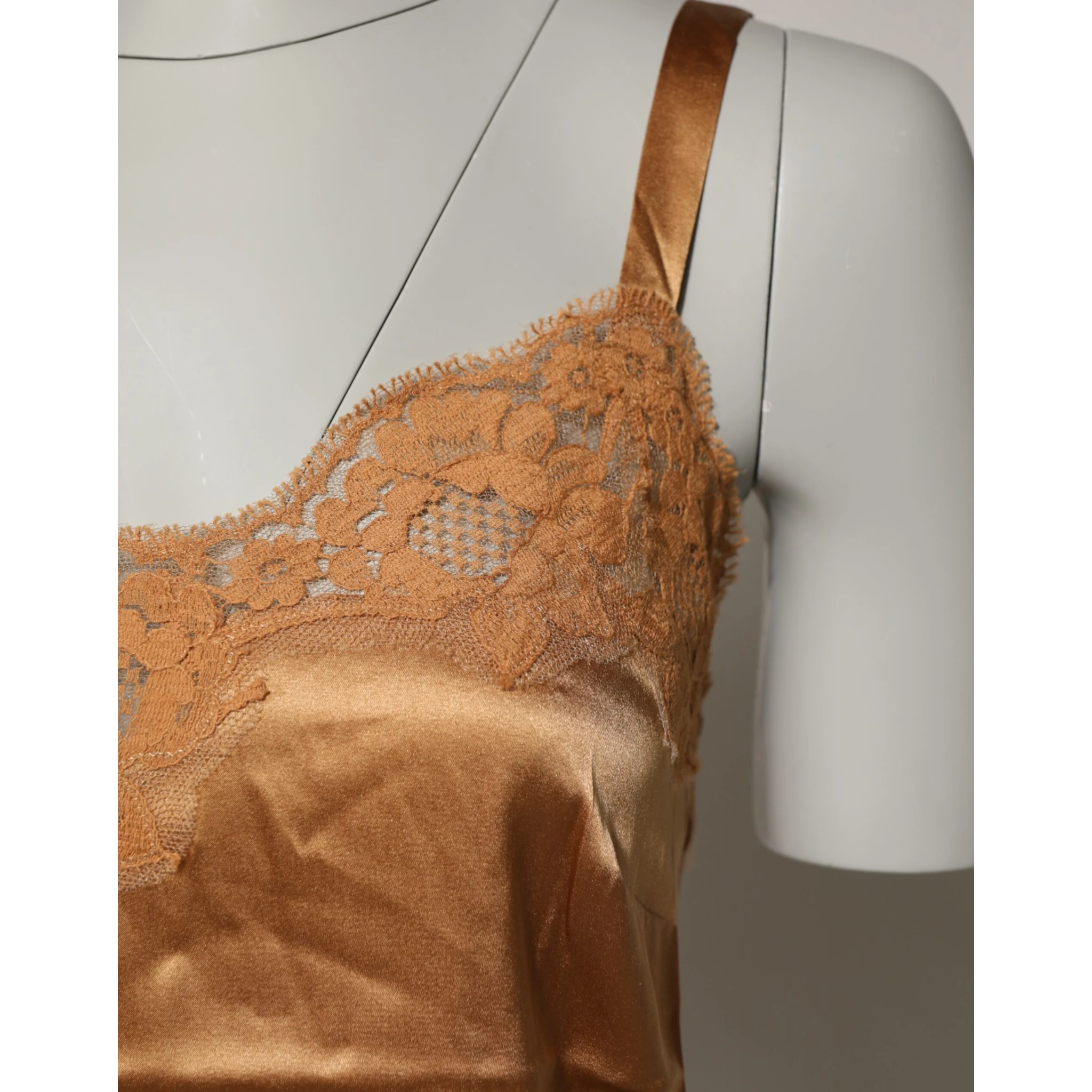 Brown Floral Lace Silk Satin Tank Lingerie Underwear