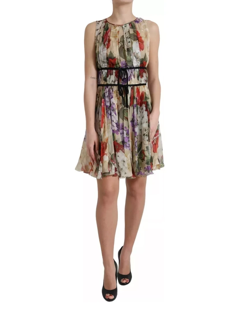 Beige Floral Sleeveless A-line Mini Dress