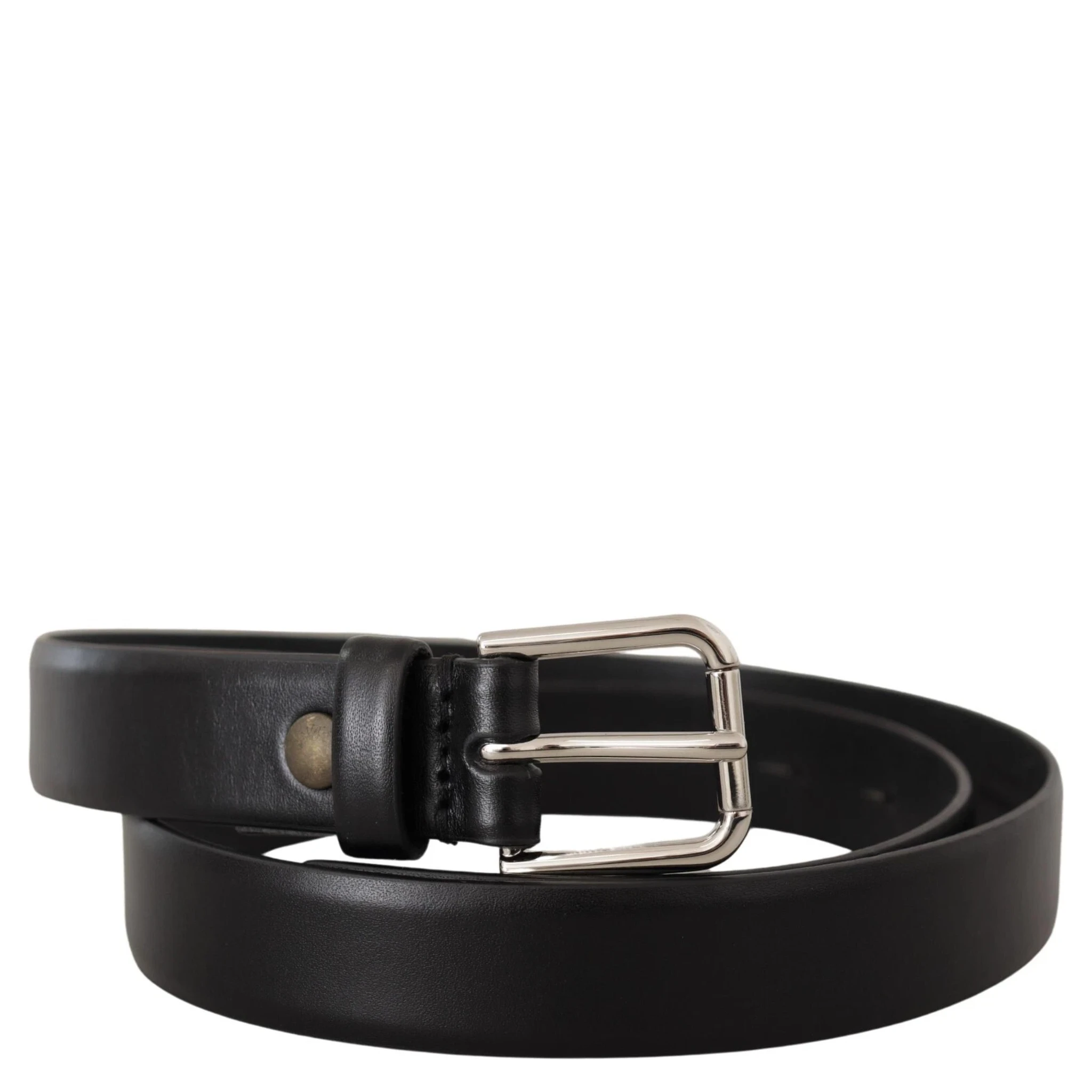 Black Calf Leather Silver Tone Logo Buckle Belt