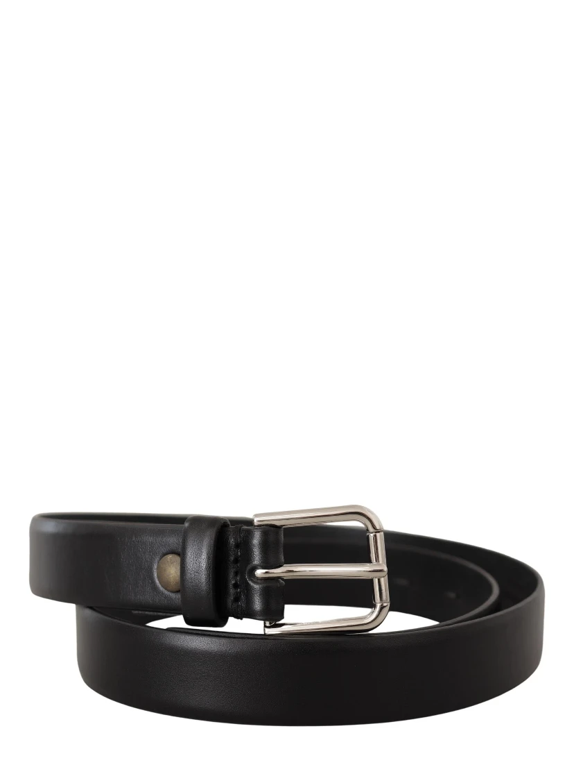 Black Calf Leather Silver Tone Logo Buckle Belt